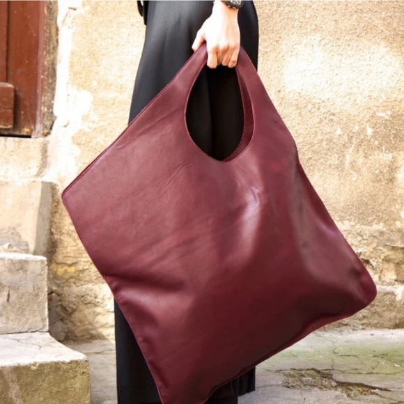 Genuine Leather Burgundy High Quality Tote Asymmetrical Large Bag by AAKASHA - Picture 3 of 14